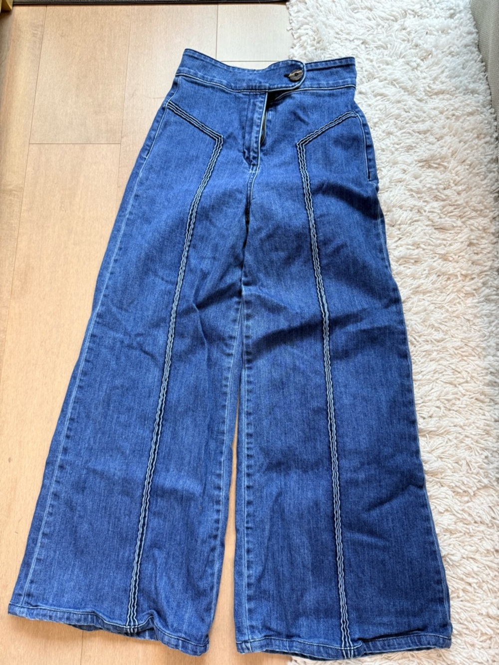 ASKK NY Deep Blue High-Rise Wide Leg Jeans with Contrast Stitching